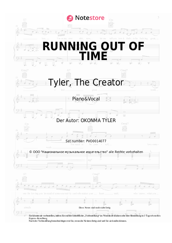 Noten mit Gesang Tyler, The Creator - RUNNING OUT OF TIME - Klavier&Gesang