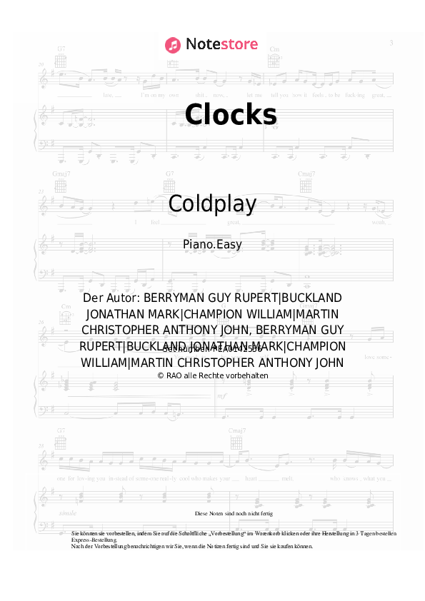 Einfache Noten Coldplay - Clocks - Klavier.Einfach