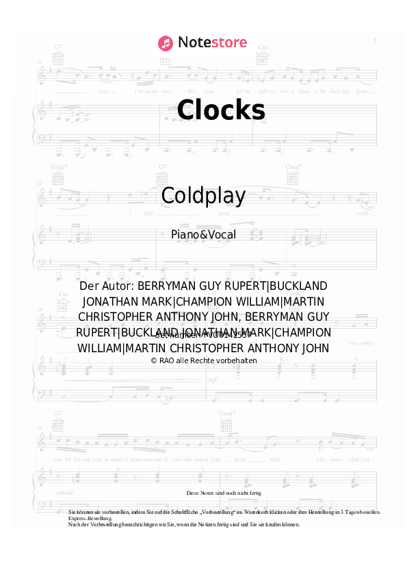 Noten mit Gesang Coldplay - Clocks - Klavier&Gesang