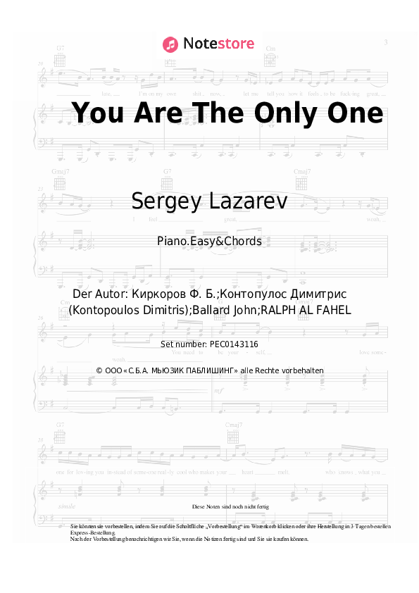 Einfache Noten und Akkorde Sergey Lazarev - You Are The Only One - Klavier.Einfach&Akkorde