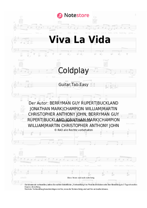 Einfache Tabs Coldplay - Viva La Vida - Gitarre.Tabs.Easy