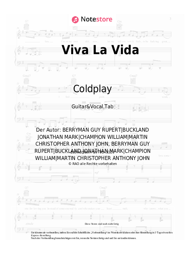 Akkorde und Gesang Coldplay - Viva La Vida - Gitarre&Gesang.Tabs