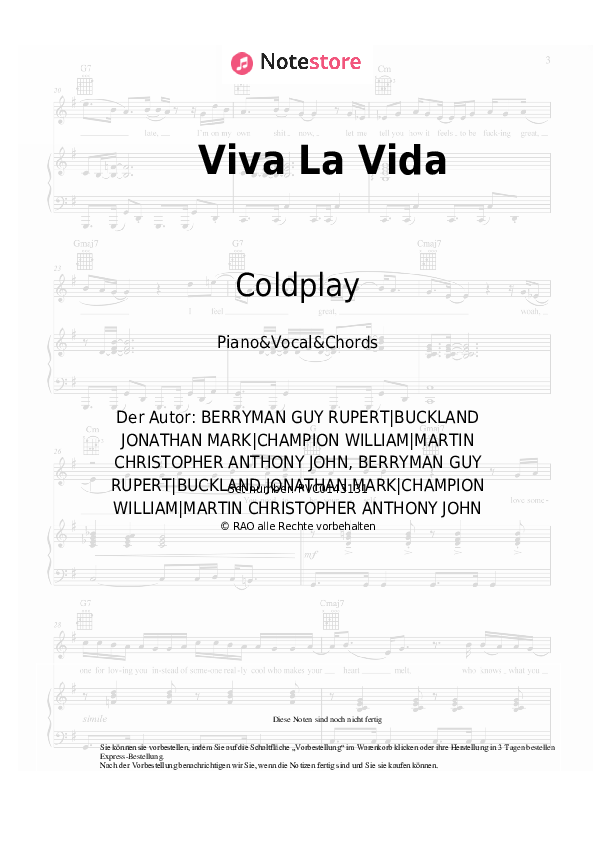 Noten und Akkorde Coldplay - Viva La Vida - Klavier&Gesang&Akkorde