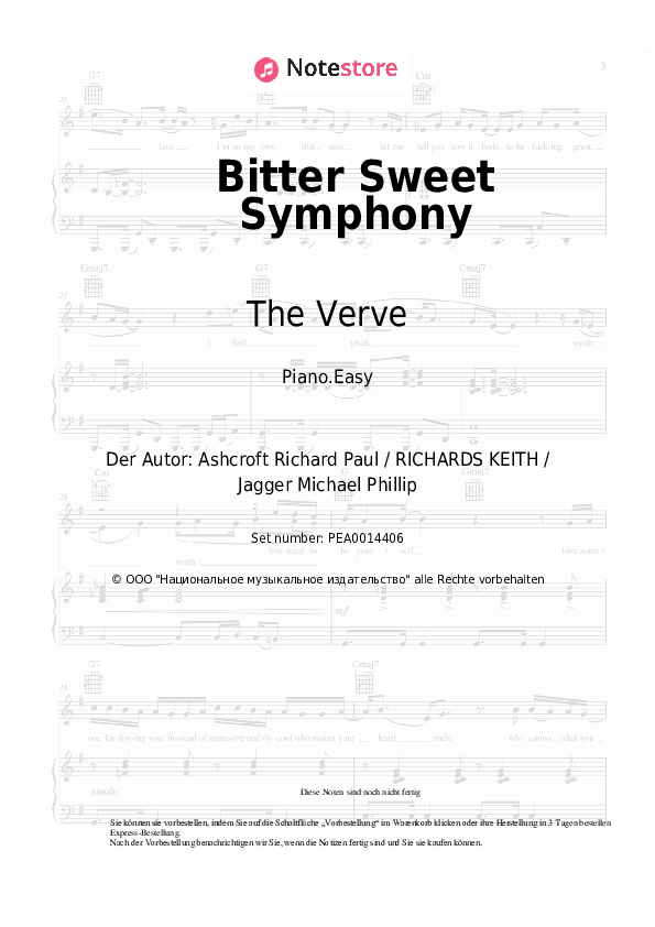 Einfache Noten The Verve - Bitter Sweet Symphony - Klavier.Easy