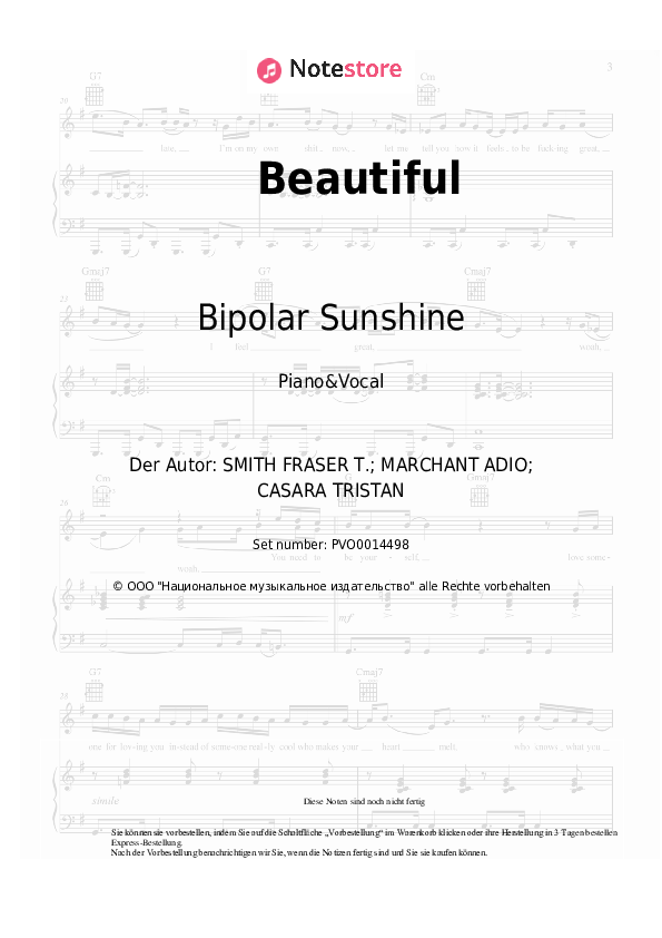 Noten mit Gesang The Avener, Bipolar Sunshine - Beautiful - Klavier&Gesang