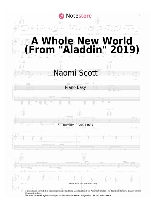 Einfache Noten Mena Massoud, Naomi Scott - A Whole New World (From Aladdin 2019) - Klavier.Easy