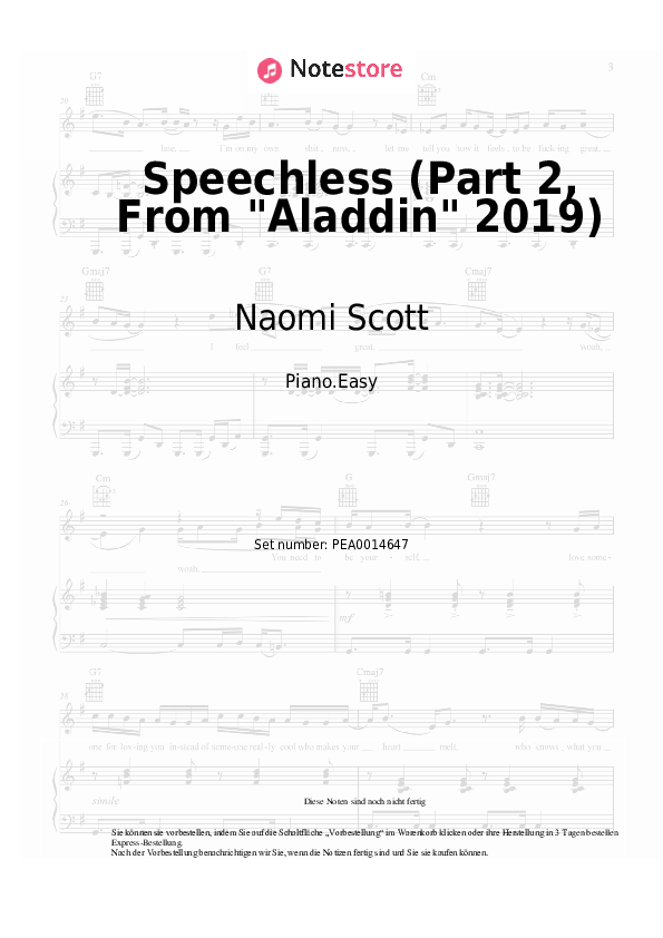 Einfache Noten Naomi Scott - Speechless (Part 2, From Aladdin 2019) - Klavier.Easy