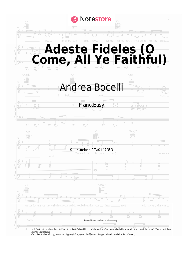 Einfache Noten Andrea Bocelli - Adeste Fideles (O Come, All Ye Faithful) - Klavier.Einfach