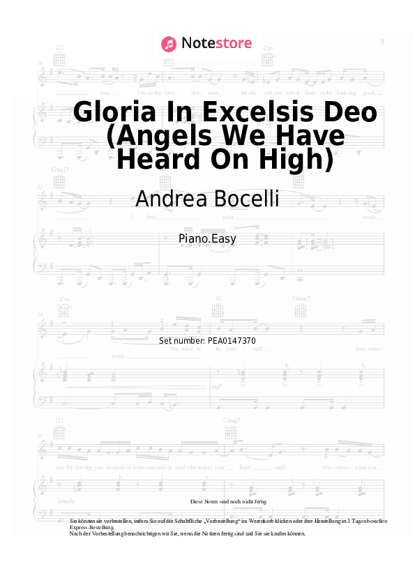 Einfache Noten Andrea Bocelli - Gloria In Excelsis Deo (Angels We Have Heard On High) - Klavier.Einfach