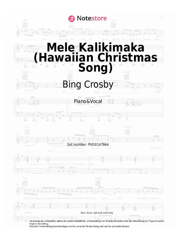 Noten mit Gesang Bing Crosby, The Andrews Sisters - Mele Kalikimaka (Hawaiian Christmas Song) - Klavier&Gesang