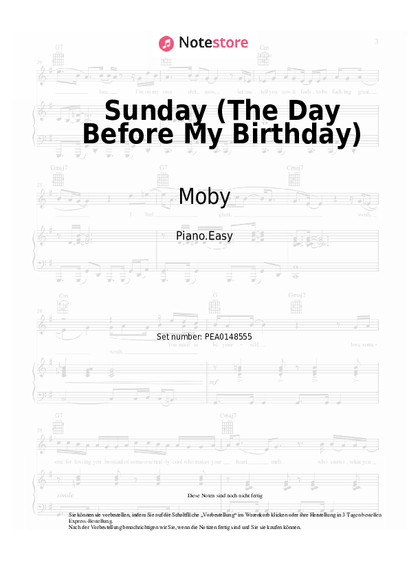 Einfache Noten Moby - Sunday (The Day Before My Birthday) - Klavier.Einfach