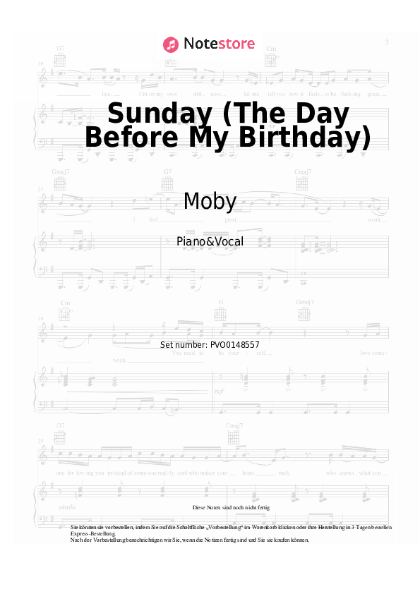 Noten mit Gesang Moby - Sunday (The Day Before My Birthday) - Klavier&Gesang