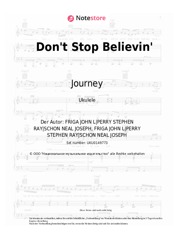 Noten Journey - Don't Stop Believin' - Ukulele