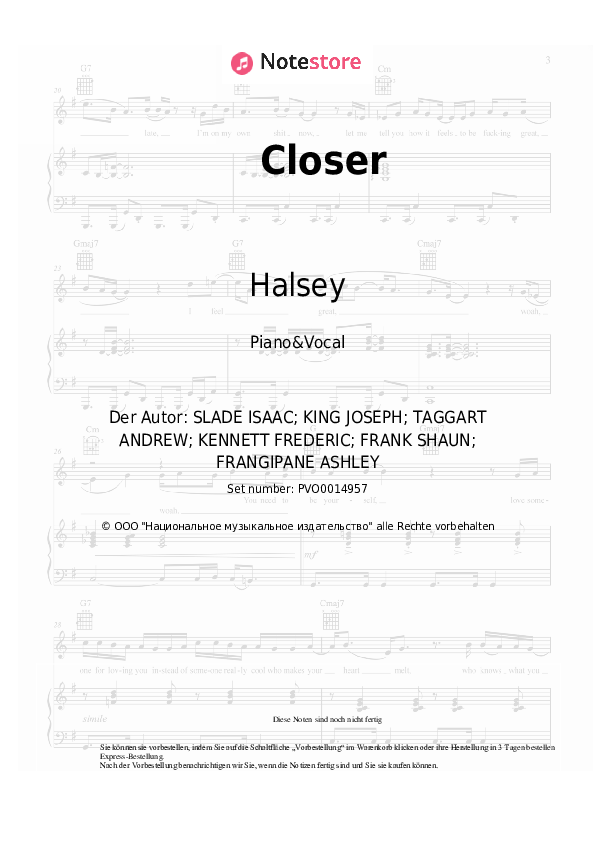 Noten mit Gesang The Chainsmokers, Halsey - Closer - Klavier&Gesang