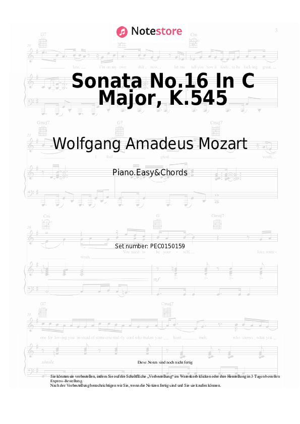 Einfache Noten und Akkorde Wolfgang Amadeus Mozart - Sonata No.16 In C Major, K.545 - Klavier.Einfach&Akkorde