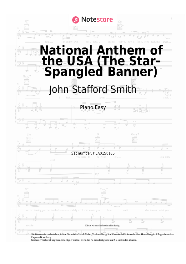 Einfache Noten John Stafford Smith - National Anthem of the USA (The Star-Spangled Banner) - Klavier.Einfach