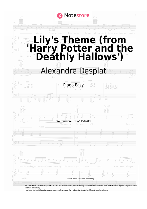 Einfache Noten Alexandre Desplat - Lily's Theme (from 'Harry Potter and the Deathly Hallows') - Klavier.Einfach