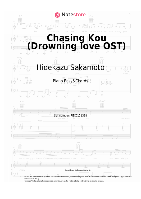 Einfache Noten und Akkorde Hidekazu Sakamoto - Chasing Kou (Drowning love OST) - Klavier.Einfach&Akkorde