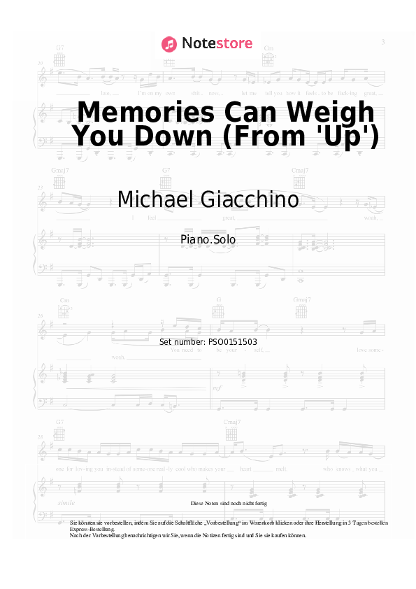 Noten Michael Giacchino - Memories Can Weigh You Down (From 'Up') - Klavier.Solo