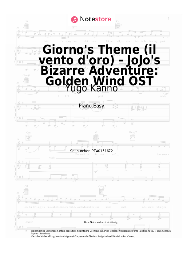 Einfache Noten Yugo Kanno - Giorno's Theme (il vento d'oro) - JoJo's Bizarre Adventure: Golden Wind OST - Klavier.Einfach