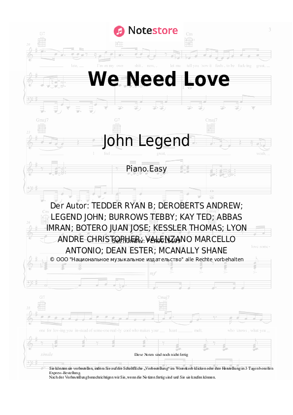 Einfache Noten John Legend - We Need Love - Klavier.Einfach