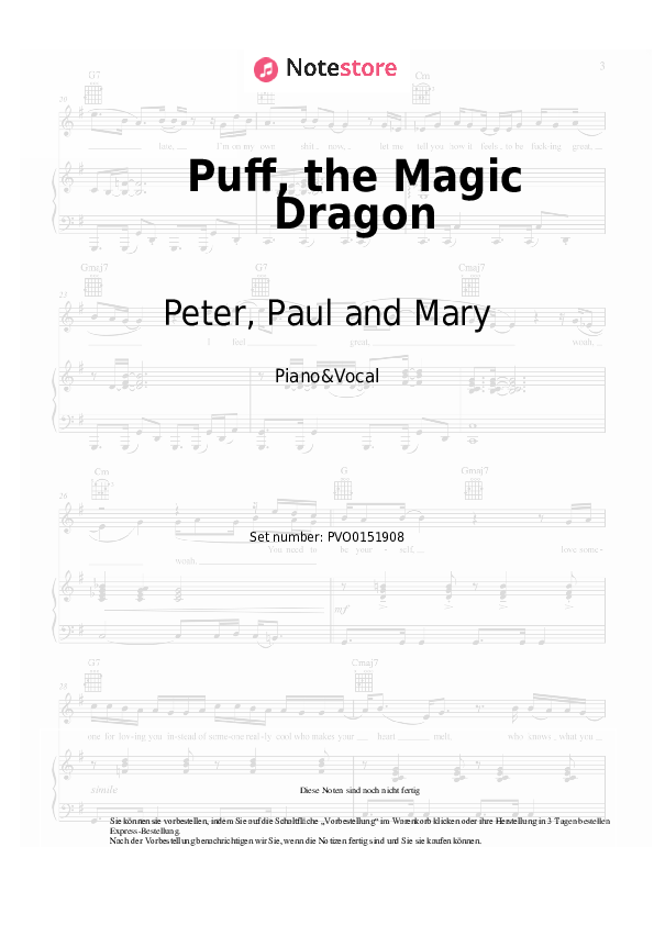 Noten mit Gesang Peter, Paul and Mary - Puff, the Magic Dragon - Klavier&Gesang