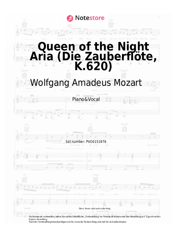 Noten mit Gesang Wolfgang Amadeus Mozart - Queen of the Night Aria (Die Zauberflöte, K.620) - Klavier&Gesang