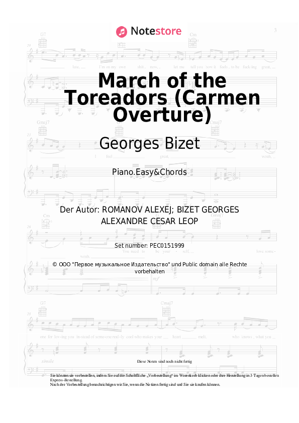 Einfache Noten und Akkorde Georges Bizet - March of the Toreadors (Carmen Overture) - Klavier.Einfach&Akkorde