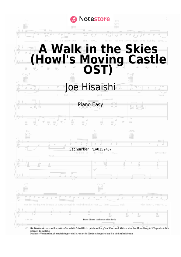 Einfache Noten Joe Hisaishi - A Walk in the Skies (Howl's Moving Castle OST) - Klavier.Einfach