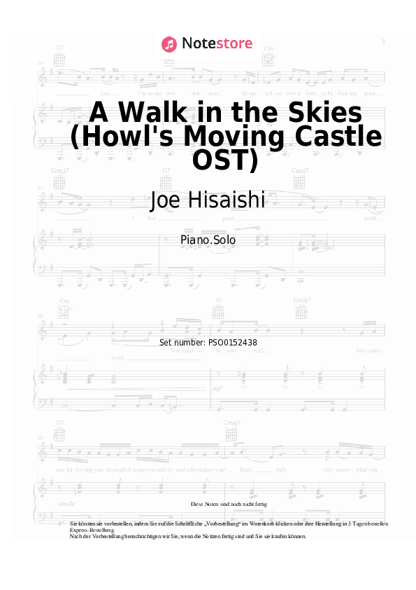 Noten Joe Hisaishi - A Walk in the Skies (Howl's Moving Castle OST) - Klavier.Solo