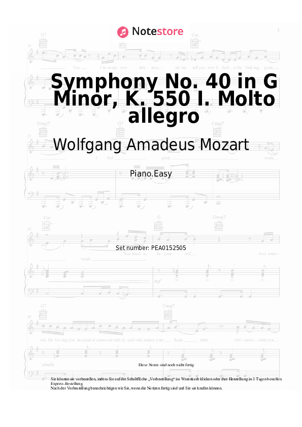 Einfache Noten Wolfgang Amadeus Mozart - Symphony No. 40 in G Minor, K. 550 I. Molto allegro - Klavier.Einfach