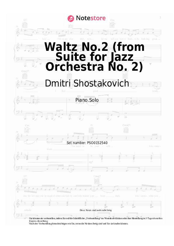 Noten Dmitri Shostakovich - Waltz No.2 (from Suite for Jazz Orchestra No. 2) - Klavier.Solo