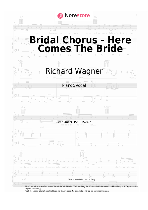 Noten mit Gesang Richard Wagner - Bridal Chorus - Here Comes The Bride - Klavier&Gesang