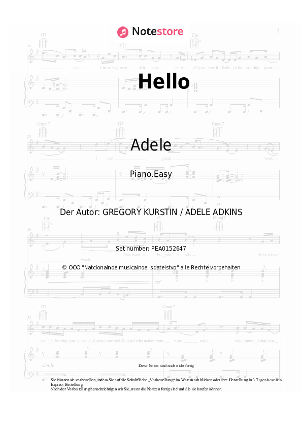 Einfache Noten Adele - Hello - Klavier.Einfach