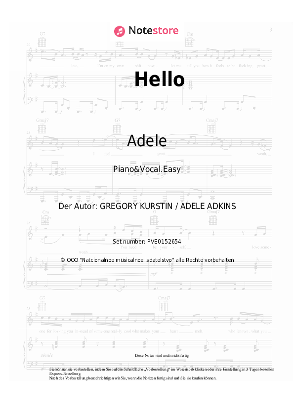 Einfache Noten Adele - Hello - Klavier&Gesang.Einfach