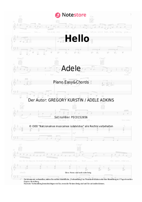 Einfache Noten und Akkorde Adele - Hello - Klavier.Einfach&Akkorde