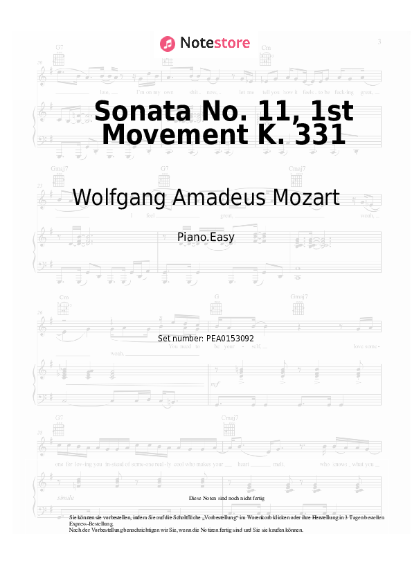 Einfache Noten Wolfgang Amadeus Mozart - Sonata No. 11, 1st Movement K. 331 - Klavier.Einfach