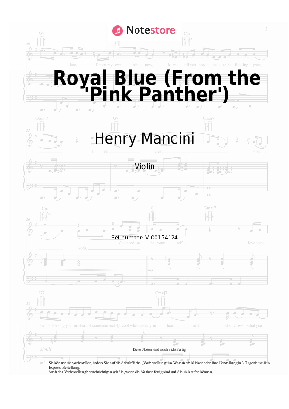 Noten Henry Mancini - Royal Blue (From the 'Pink Panther') - Violine