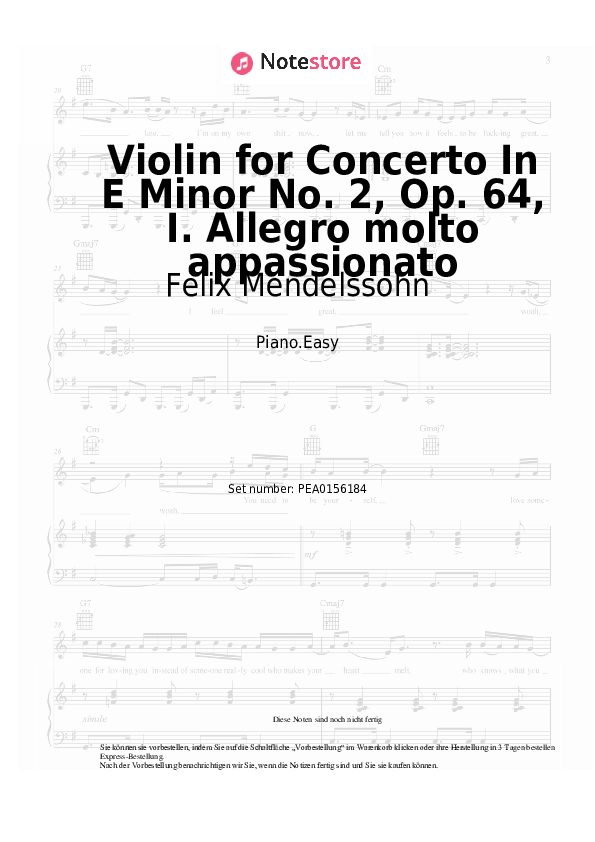 Einfache Noten Felix Mendelssohn - Violin for Concerto In E Minor No. 2, Op. 64, I. Allegro molto appassionato - Klavier.Einfach