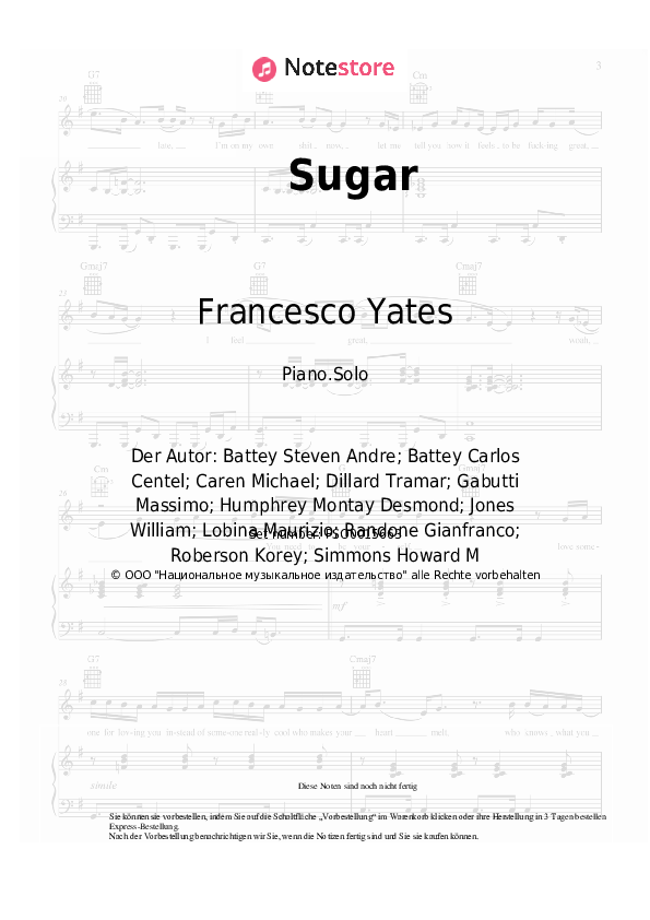 Noten Robin Schulz, Francesco Yates - Sugar - Klavier.Solo