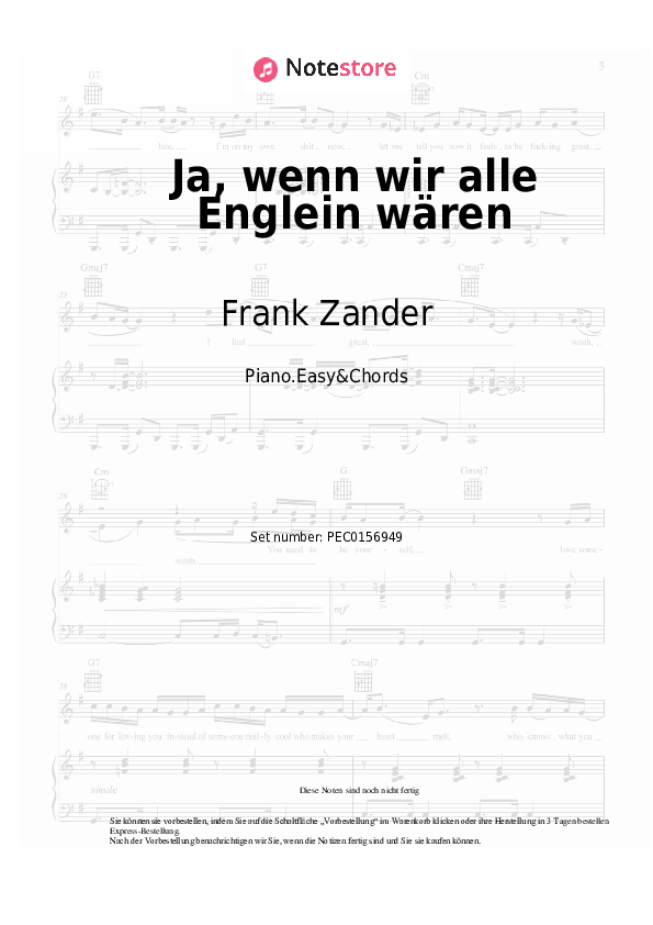 Einfache Noten und Akkorde Frank Zander - Ja, wenn wir alle Englein wären - Klavier.Einfach&Akkorde