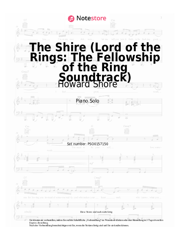 Noten Howard Shore - The Shire (Lord of the Rings: The Fellowship of the Ring Soundtrack) - Klavier.Solo