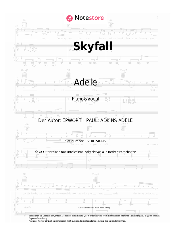 Noten mit Gesang Adele - Skyfall - Klavier&Gesang