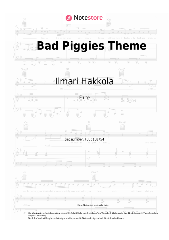 Noten Ilmari Hakkola - Bad Piggies Theme - Flöte