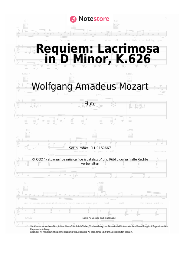 Noten Wolfgang Amadeus Mozart - Requiem: Lacrimosa in D Minor, K.626 - Flöte