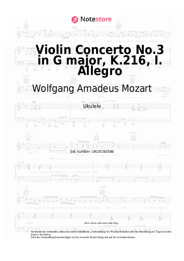 Noten Wolfgang Amadeus Mozart - Violin Concerto No.3 in G major, K.216, I. Allegro - Ukulele