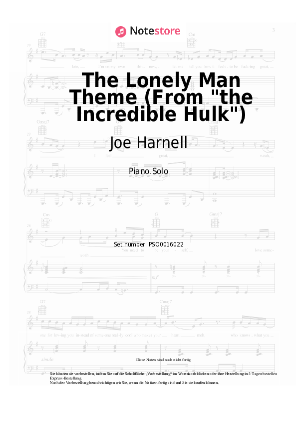 Noten Joe Harnell - The Lonely Man Theme (From the Incredible Hulk) - Klavier.Solo