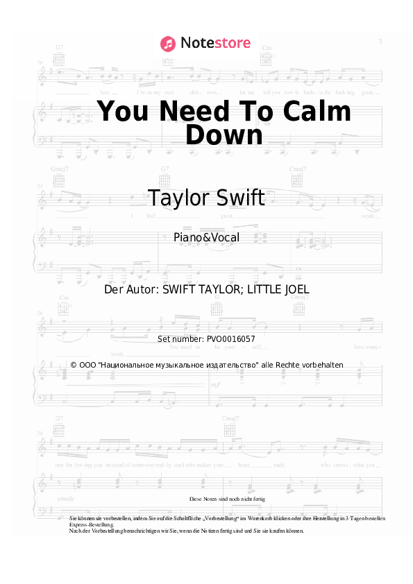 Noten mit Gesang Taylor Swift - You Need To Calm Down - Klavier&Gesang