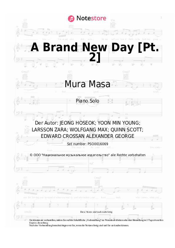 Noten BTS, Zara Larsson, Mura Masa - A Brand New Day [Pt. 2] - Klavier.Solo