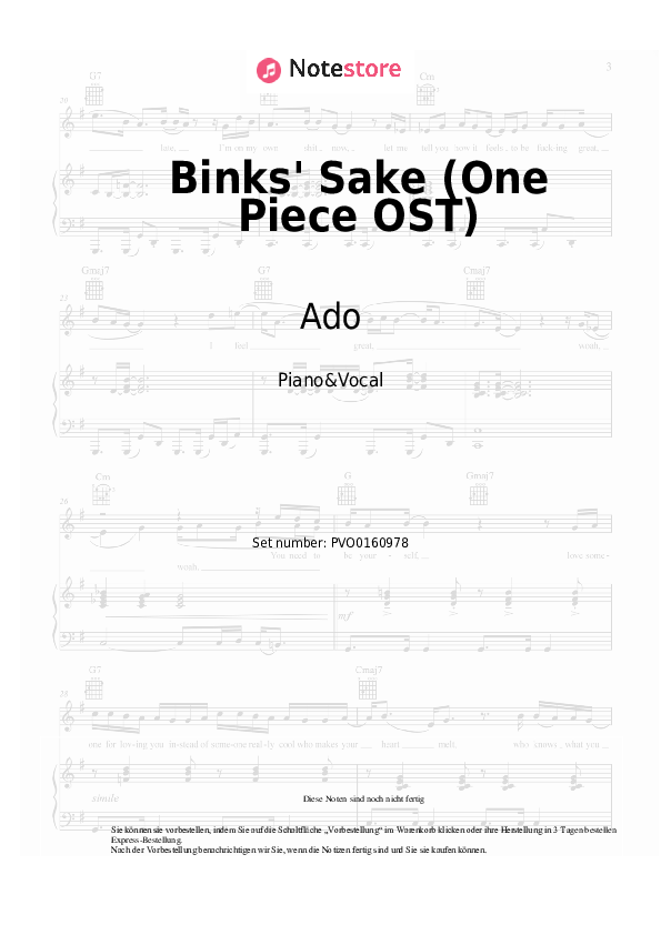 Noten mit Gesang Ado - Binks' Sake (One Piece OST) - Klavier&Gesang